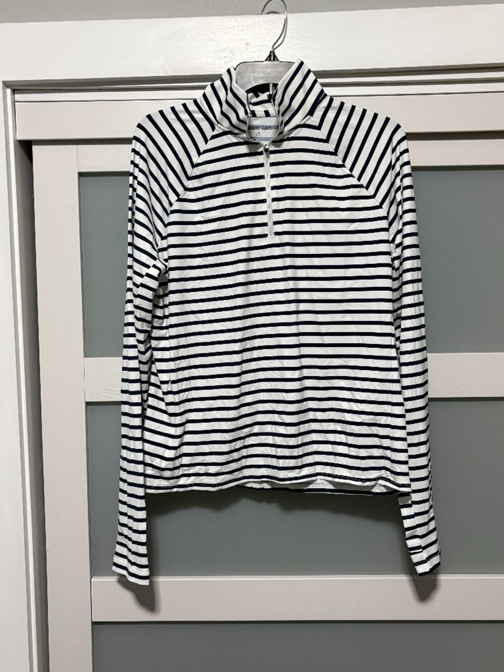 Lands' End Navy Stripe L/S Sunshirt Sun Swim 1/4 zip Ladies sz Large L NEW